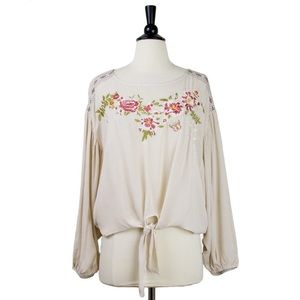 Mystree | Blush Embroidered Tie Front Top